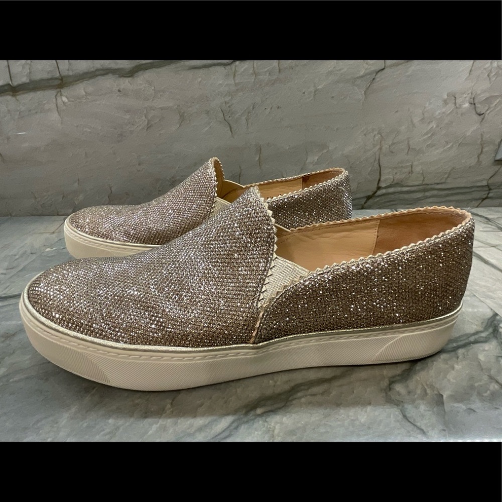 Stuart Weitzman slip on sneakers, size 8 1/2  M gold . Like new .